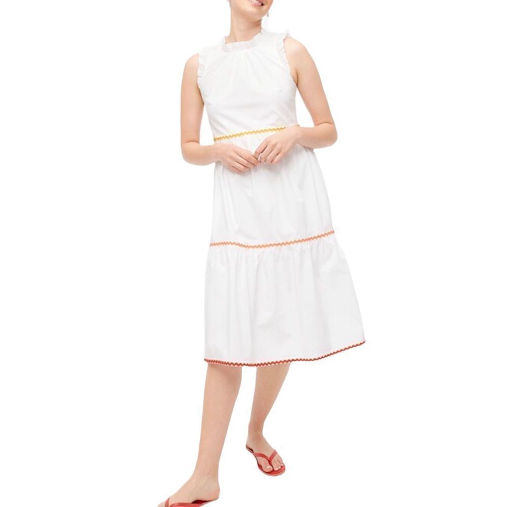 J. Crew White Sleeveless Tiered Midi Ruffle Dress With Rickrack Trim New Size 2